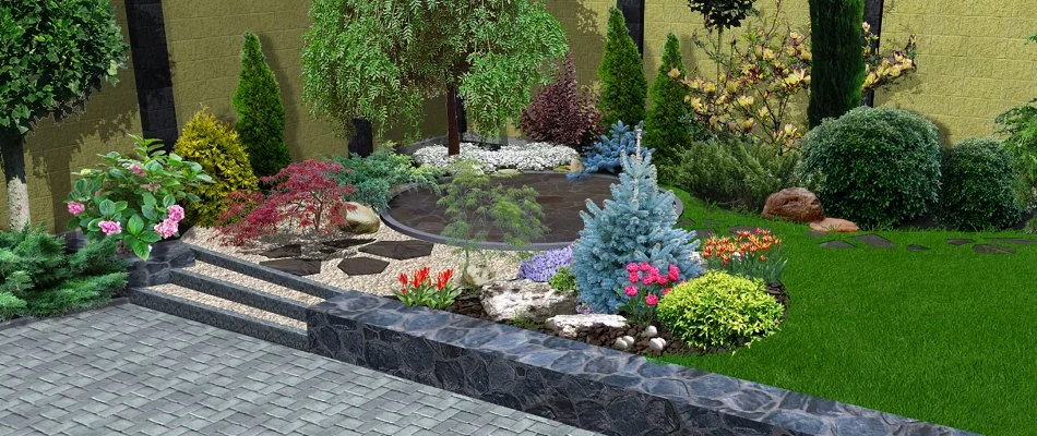 3D design rendering of a patio in Flower Mound, TX, with landscape, outdoor steps, and a lawn.