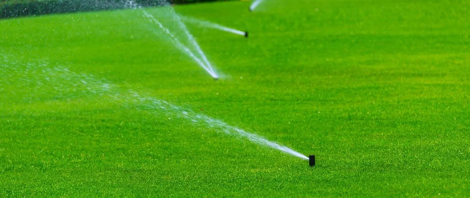 Sprinkler heads spraying water on a lawn in Flower Mound, TX.